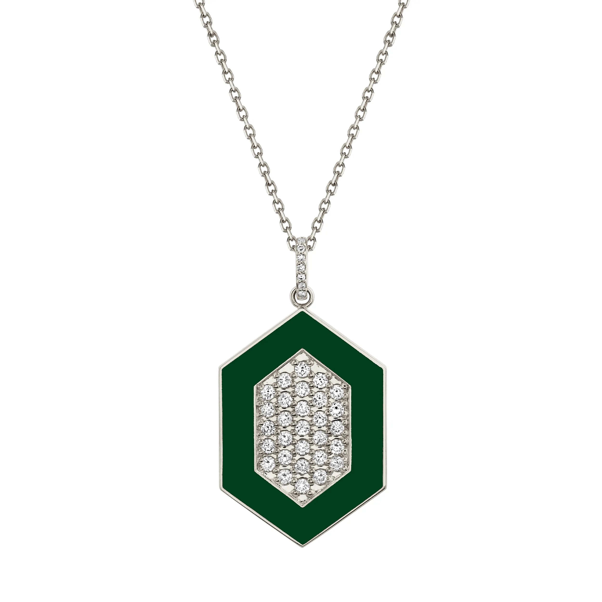 MICHAEL M Necklace 14k White Gold / Green Chroma Pavé Hexagon Pendant P491